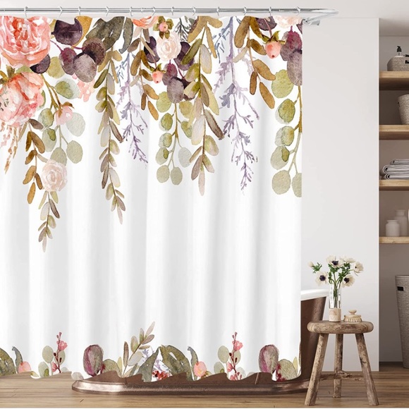 Shower Curtain Sets, Waterproofed Polyester Fabric Tan Brown Pink Flowers